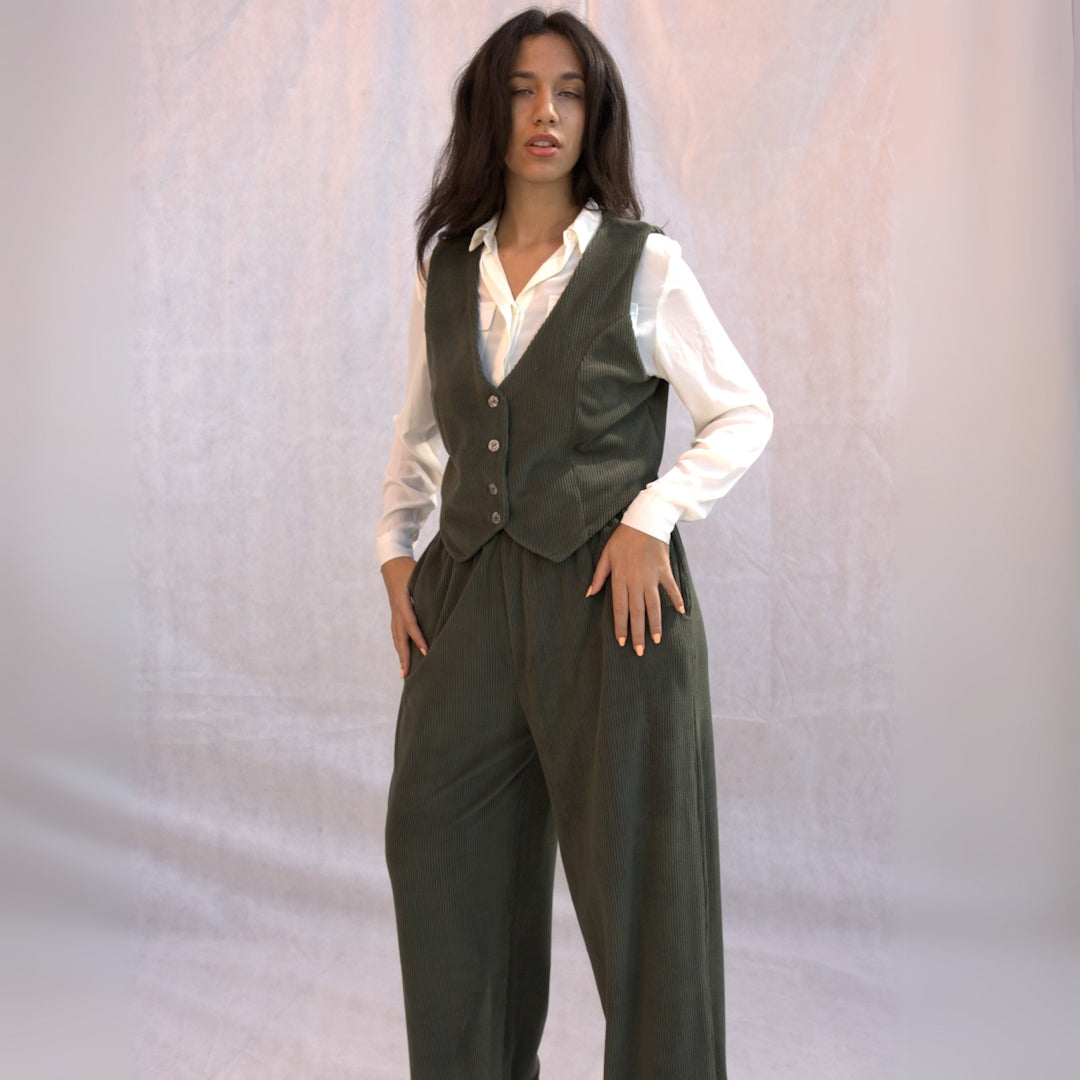 Thick Striped Velvet Suit (Olive)