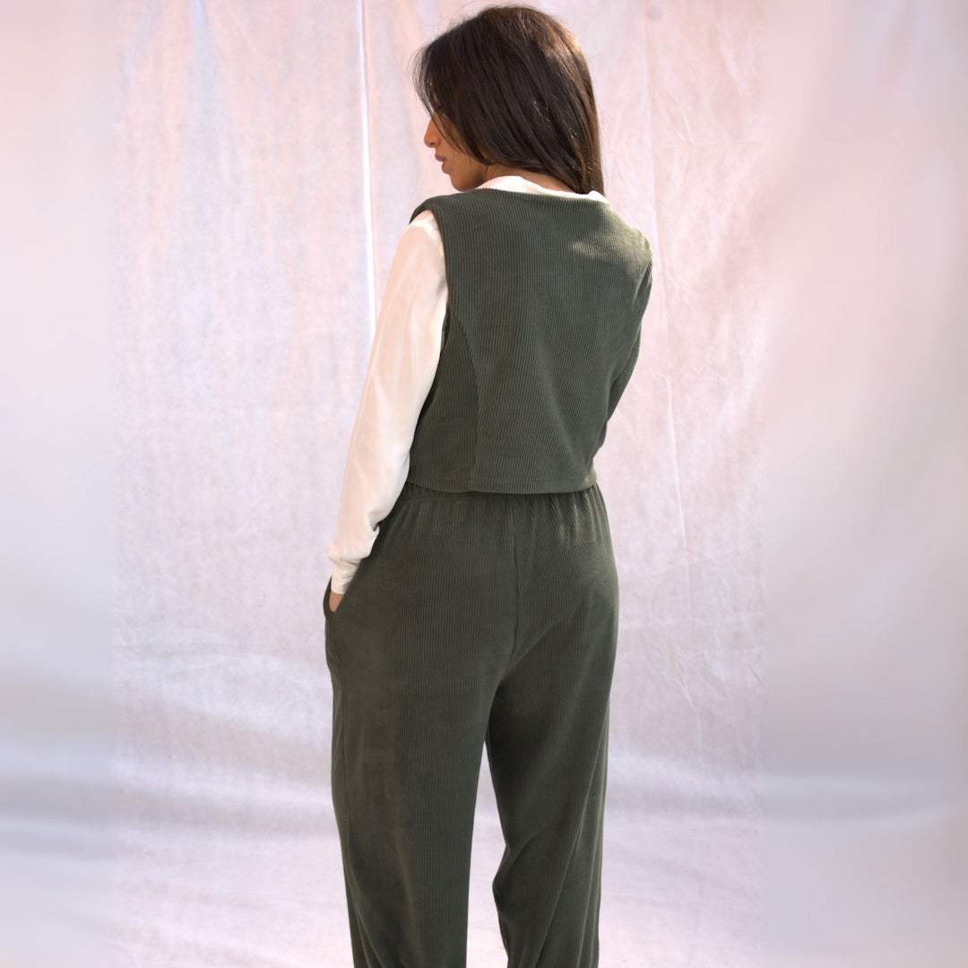 Thick Striped Velvet Suit (Olive)