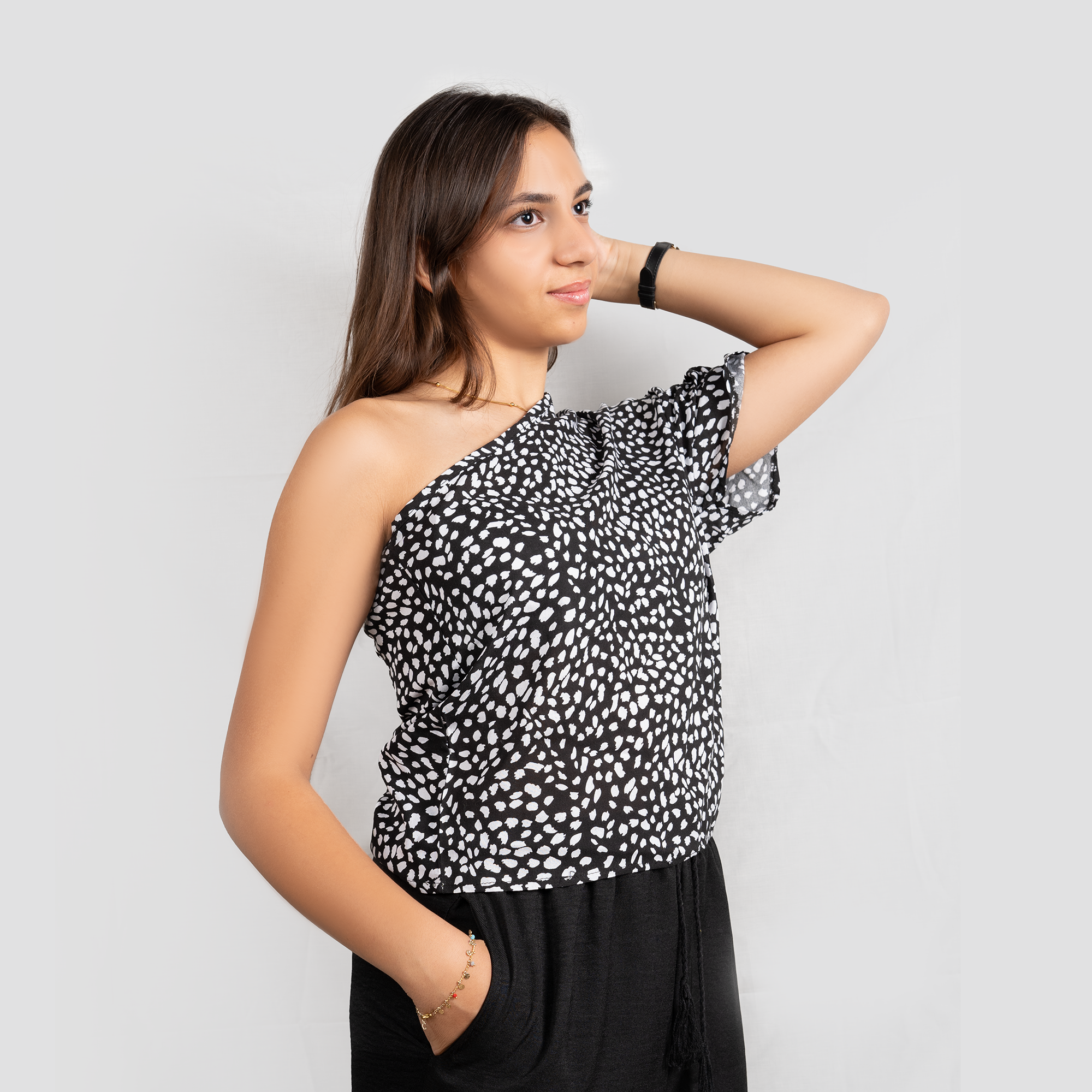 Eclipse Dotted One-Shoulder Top
