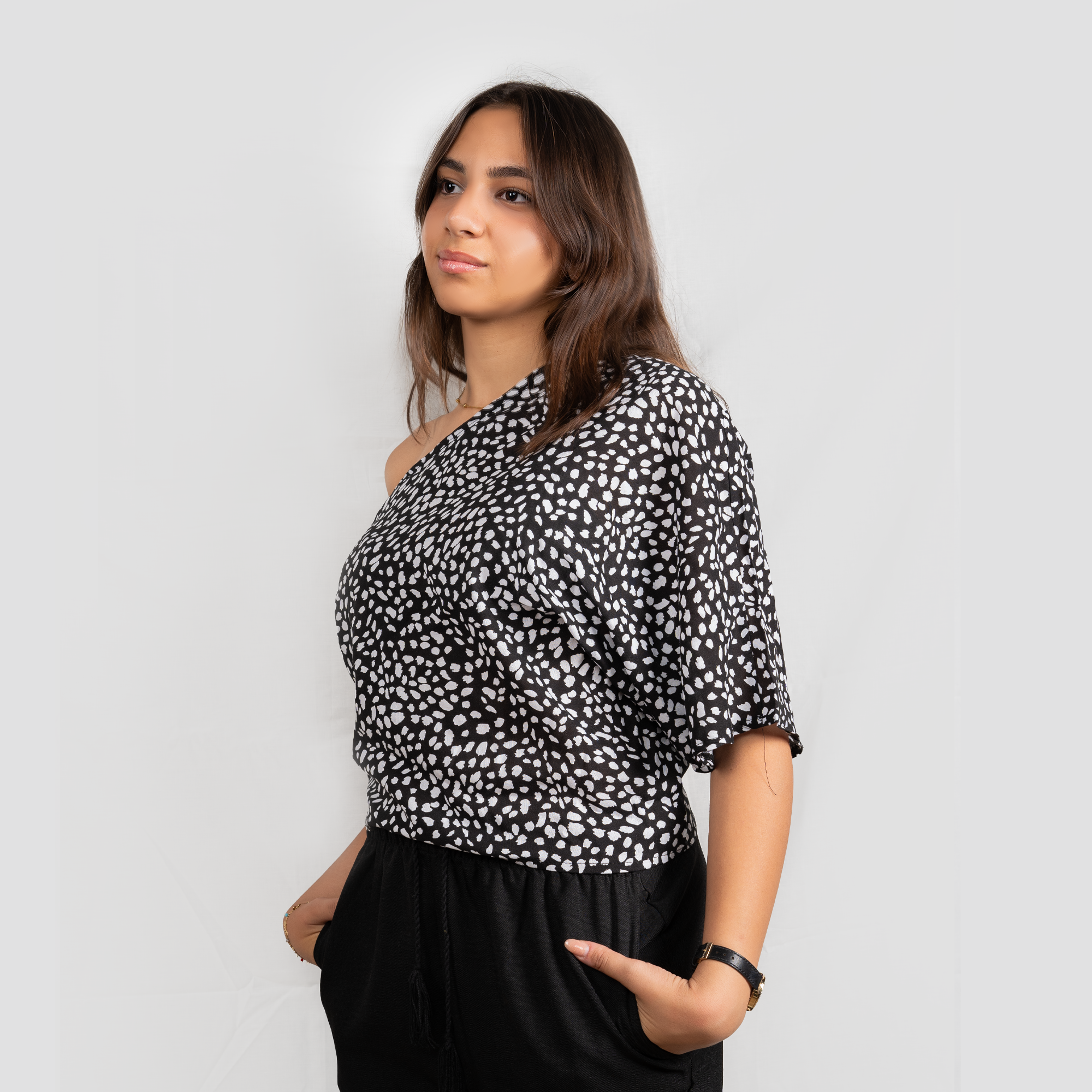 Eclipse Dotted One-Shoulder Top